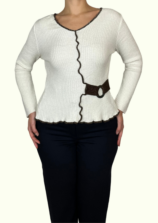 Cream ribbed jumper with side belt detail