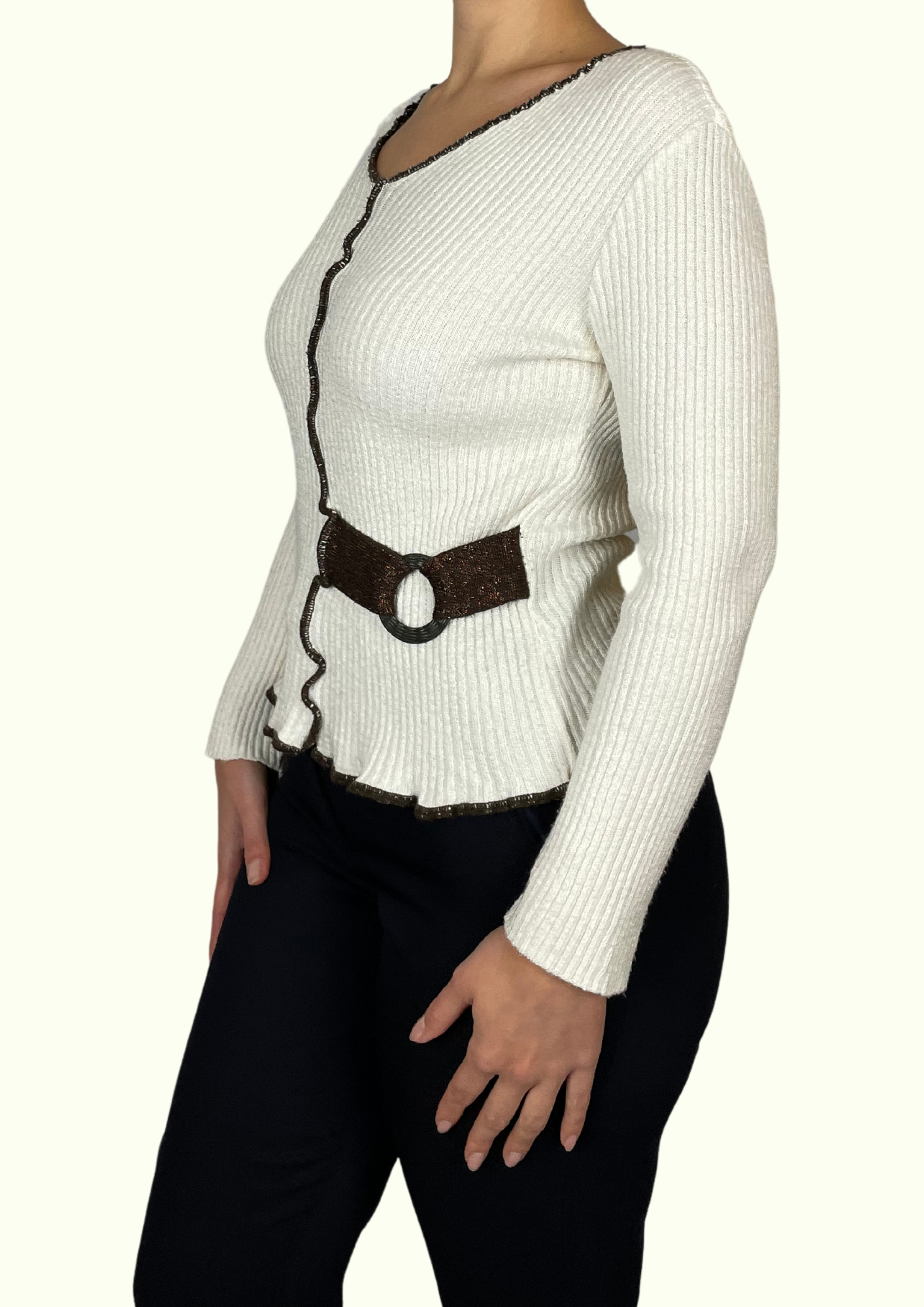 Cream ribbed jumper with side belt detail