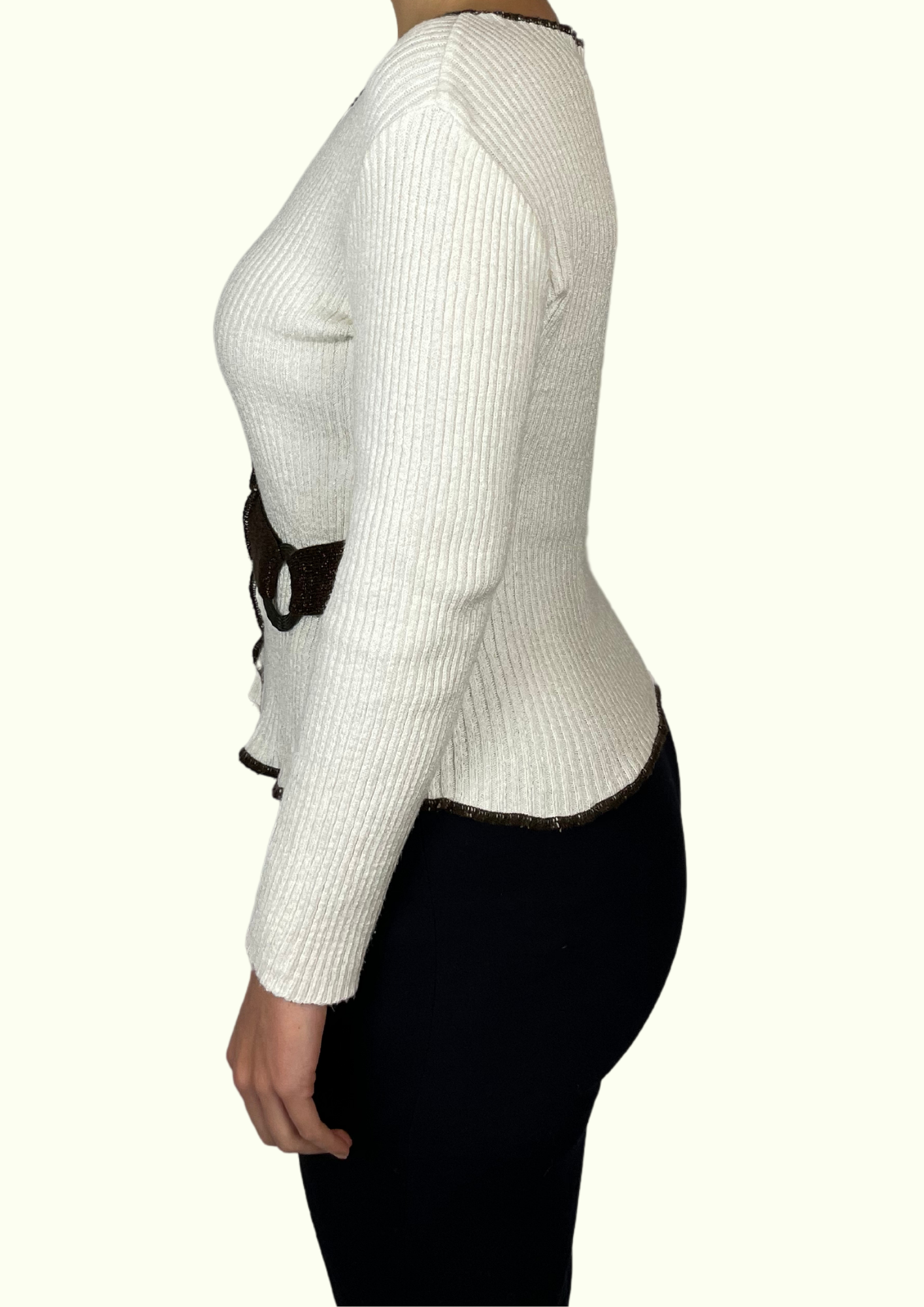 Cream ribbed jumper with side belt detail