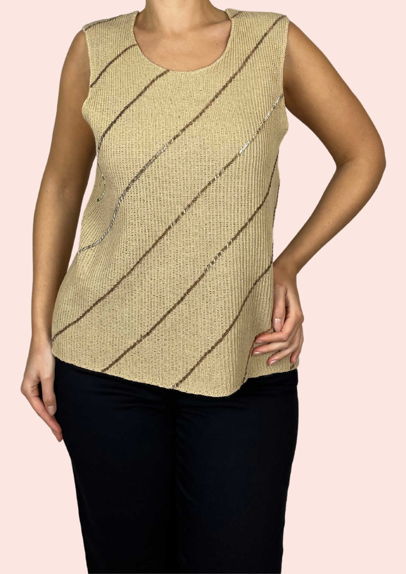 Ribbed vest in camel with sequin detail