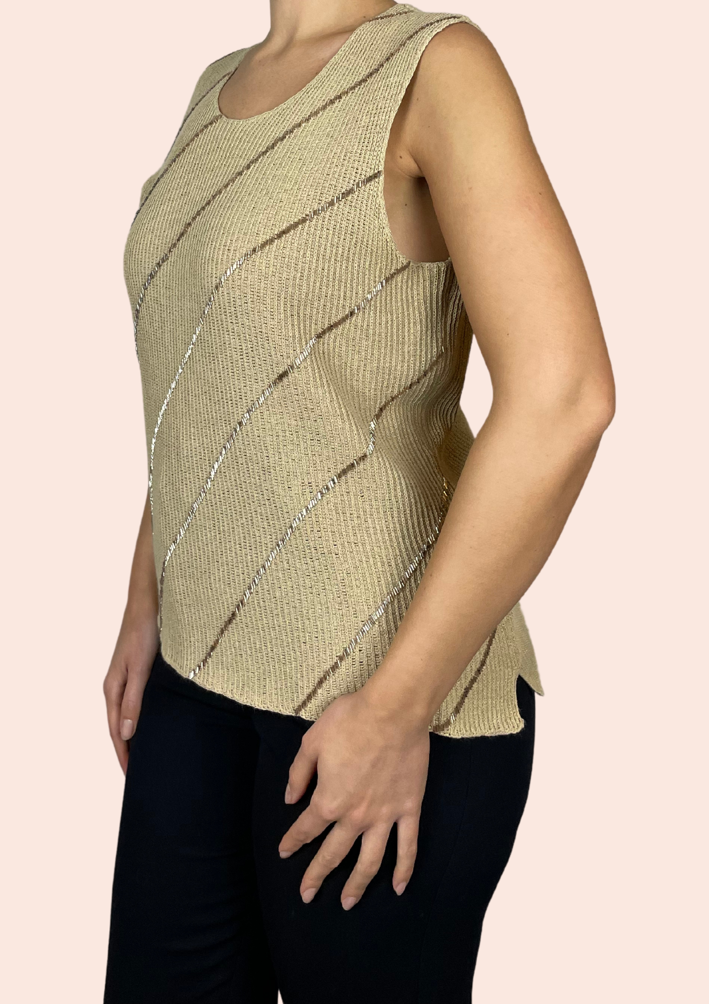 Ribbed vest in camel with sequin detail